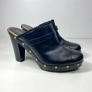 a.n.a. Black Faux Leather Gold Studded Platform Wood Heel Clogs Mules Slides 10